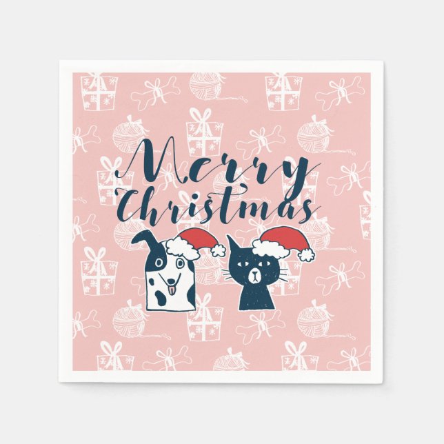 Cute Santa Dog & Cat Illustration Christmas Paper Napkins (Front)