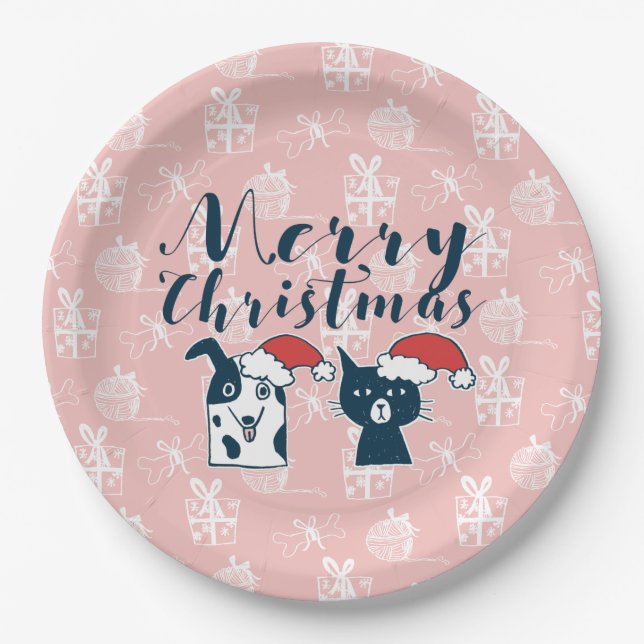 Cute Santa Dog & Cat Illustration Christmas Paper Plates (Front)