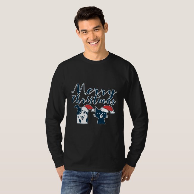 Cute Santa Dog & Cat Illustration Christmas Tshirt