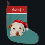 Cute Santa Dog Pit Bull Terrier Personalized Small Christmas Stocking<br><div class="desc">Adorable watercolor illustration of a white American pit bull terrier dog with a red santa hat. . A name can be added at the top of the stocking. Perfect design for pit bull lovers and owners so that they could include their pets to the holiday spirit!</div>