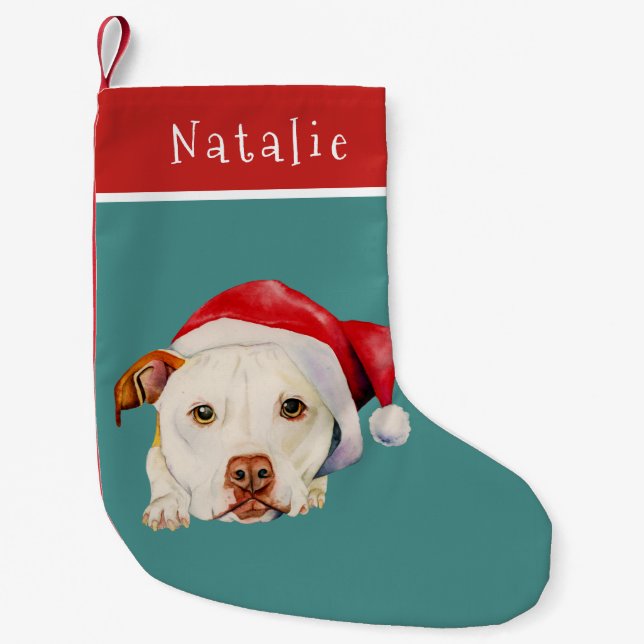 Cute Santa Dog Pit Bull Terrier Personalized Small Christmas Stocking (Front)