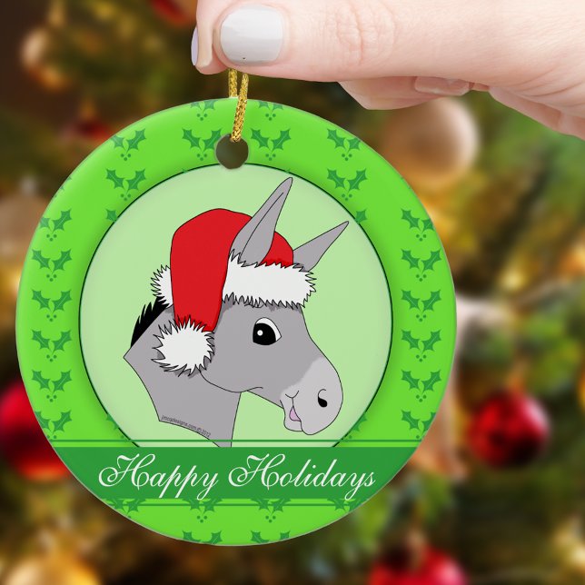 Cute Santa Donkey Holly Happy Holidays Christmas Ceramic Ornament (Cute Santa Donkey Holly Happy Holidays Christmas Ceramic Ornament with Personalized Greeting)
