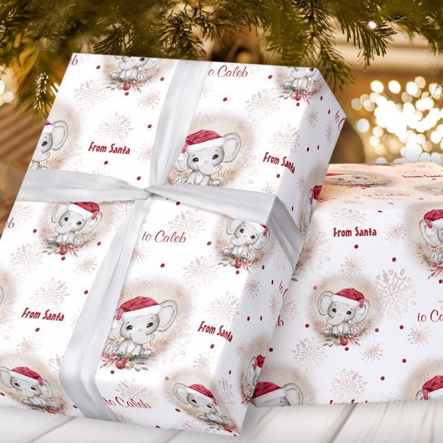 Cute Santa Elephant Red White Boy Name Christmas Wrapping Paper (Cute Santa Elephant Red White Boy Name Christmas Wrapping Paper)