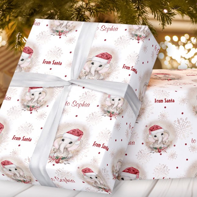 Cute Santa Elephant Red White Girl Name Christmas Wrapping Paper (Cute Santa Elephant Red White Girl Name Christmas Wrapping Paper)