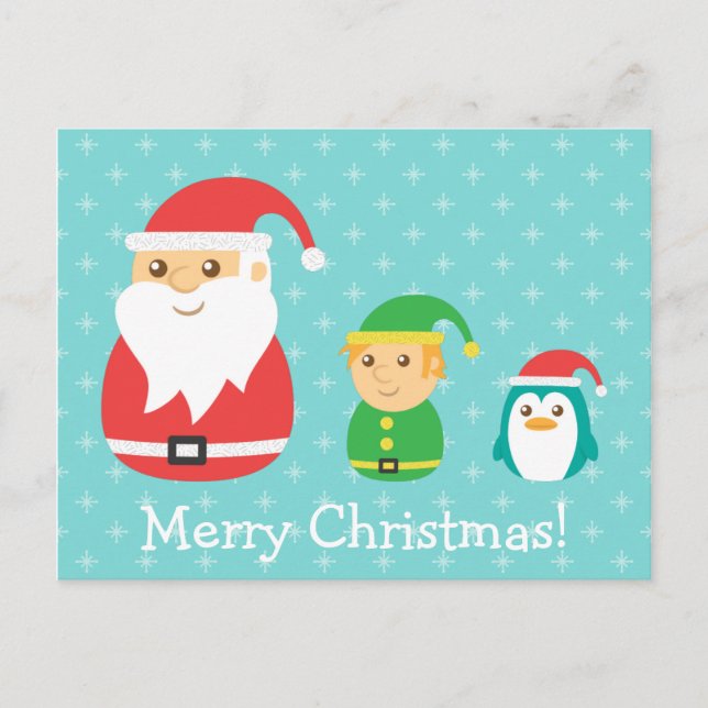 Cute Santa, Elf and Penguin, Merry Christmas Holiday Postcard (Front)