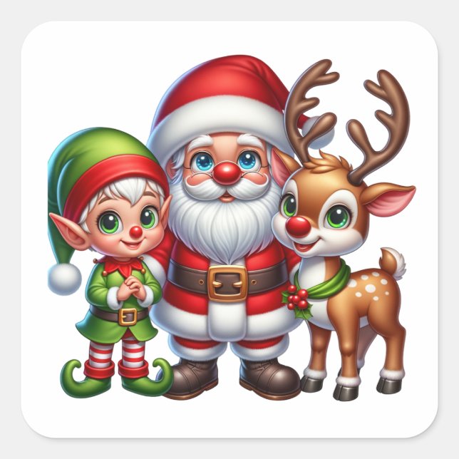 Cute Santa, Elf and Reindeer Christmas  Square Sticker (Front)