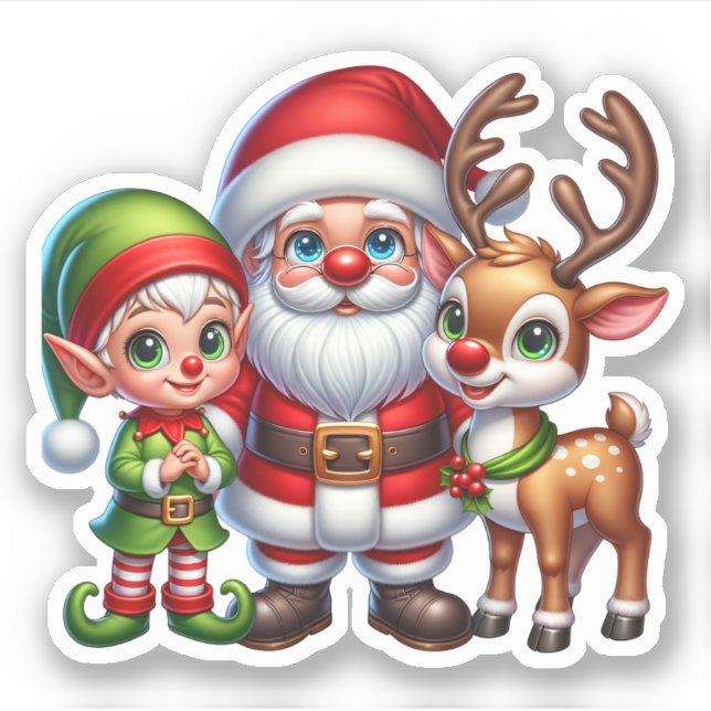 Cute Santa, Elf and Reindeer Christmas  Sticker (Front)