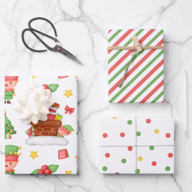 Cute Santa Elf Stripes Winter Berry Christmas  Wrapping Paper Sheets (Front)