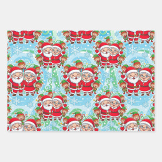 Cute Santa & Elves Christmas Pattern Wrapping Paper Sheets