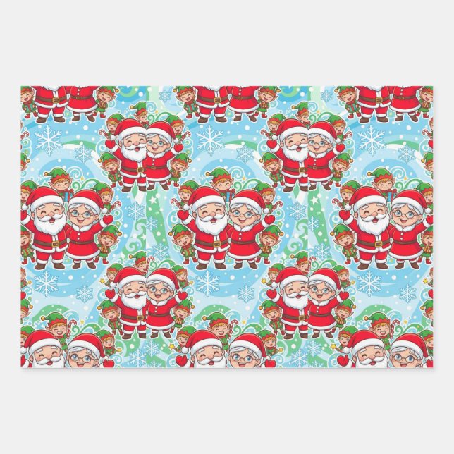 Cute Santa & Elves Christmas Pattern Wrapping Paper Sheets (Front)