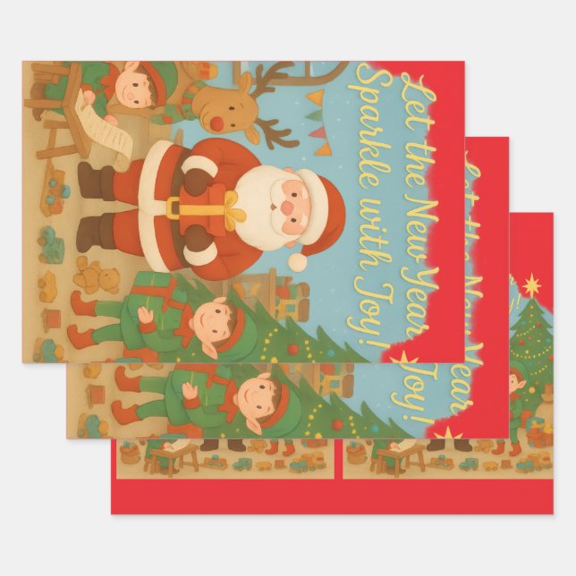 Cute Santa & Elves New Year Holiday Card Wrapping Paper Sheets (Set)
