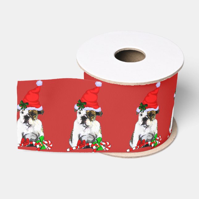 Cute Santa English Bulldog Christmas Grosgrain Ribbon (Spool)