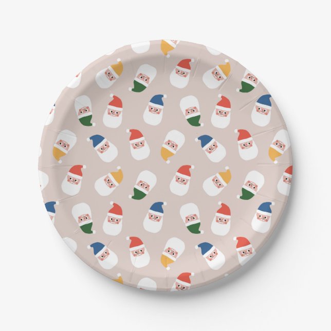 Cute Santa Faces Christmas Pattern Paper Plates (Front)