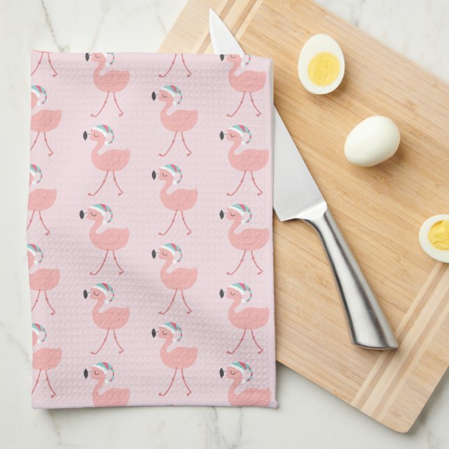 Cute Santa Flamingo Pattern - Pink Christmas Kitchen Towel (Quarter Fold)