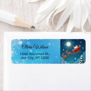 Cute Santa & Flying Reindeer Night Sky Christmas Label