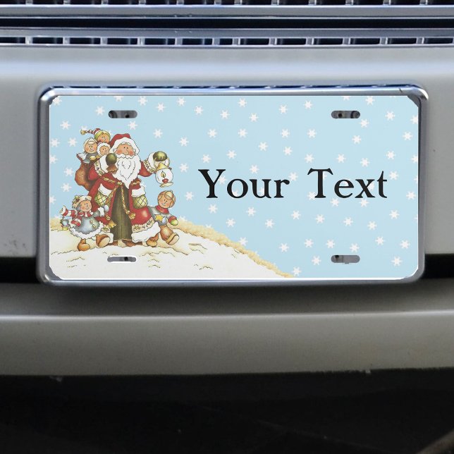 Cute Santa Folk Art Kids Christmas Snowflakes License Plate (Santa Claus with happy Children in snow blue sky on Christmas license plate.)