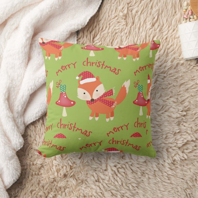 Cute Santa Fox Merry Christmas Throw Pillow (Blanket)