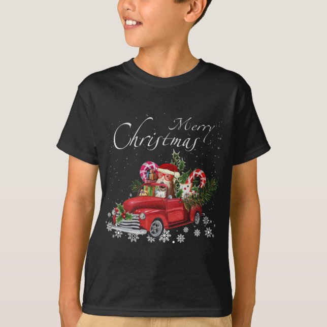 Cute Santa Fox Terrier Riding Red Truck Merry Chri T-Shirt (Front)