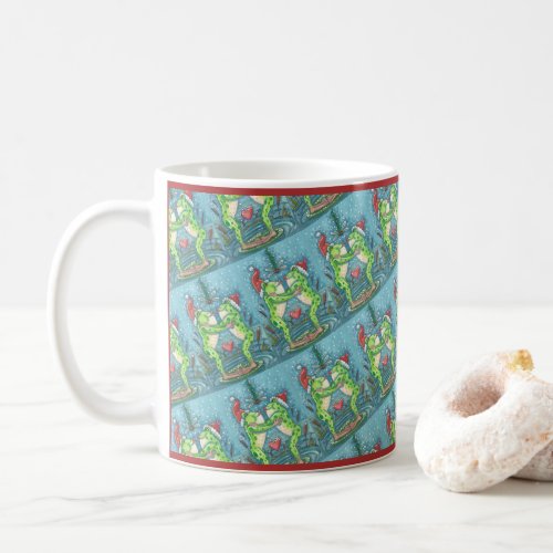 CUTE SANTA FROGS KISSING UNDER DRAGONFLY MISTLETOE COFFEE MUG