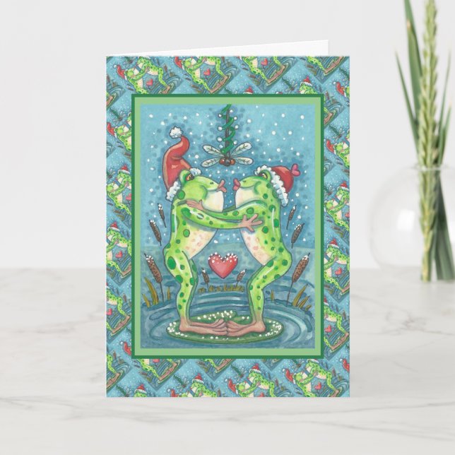 CUTE SANTA FROGS KISSING UNDER DRAGONFLY MISTLETOE HOLIDAY CARD (Front)