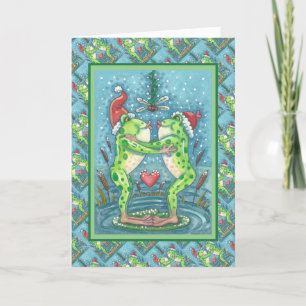 CUTE SANTA FROGS KISSING UNDER DRAGONFLY MISTLETOE HOLIDAY CARD