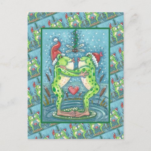 CUTE SANTA FROGS KISSING UNDER DRAGONFLY MISTLETOE POSTCARD