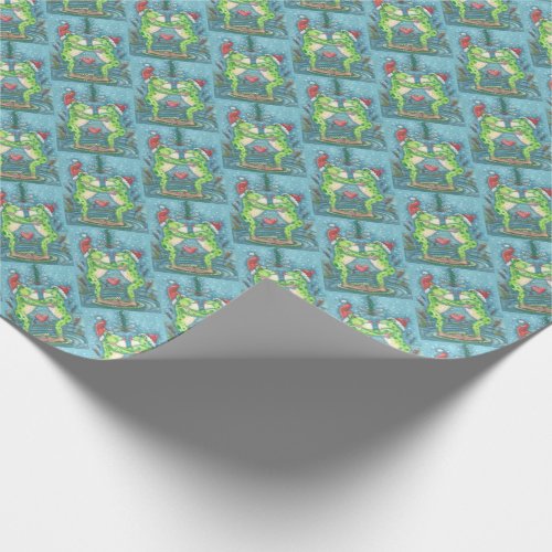 CUTE SANTA FROGS KISSING UNDER DRAGONFLY MISTLETOE WRAPPING PAPER