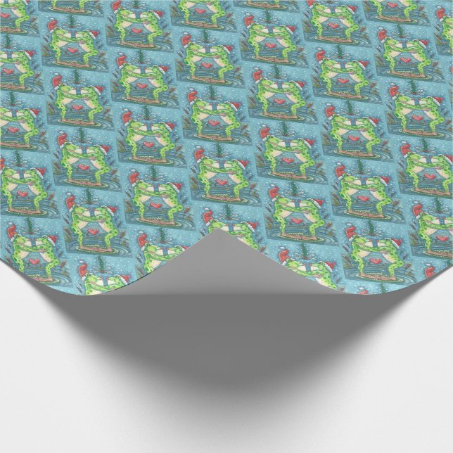 CUTE SANTA FROGS KISSING UNDER DRAGONFLY MISTLETOE WRAPPING PAPER (Corner)