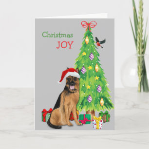Cute Santa German Shepherd Dog and Christmas Tree Holiday Card