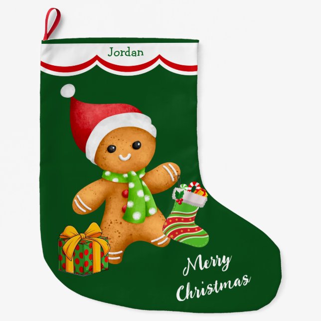 Cute Santa Gingerbread Man Large Christmas Stocking (Front)
