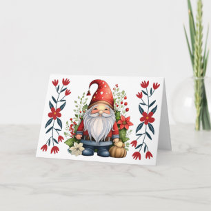 Cute Santa Gnome & Florals Blank Christmas Card