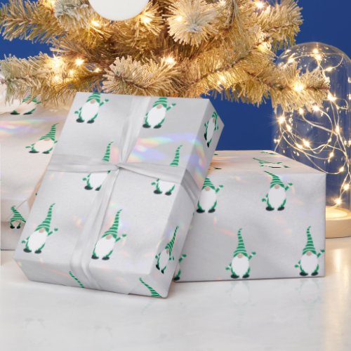 Cute Santa Gnome Green Pattern Sparkly White Cool Wrapping Paper