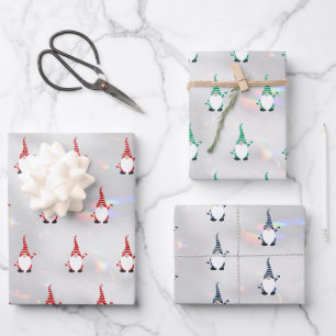 Cute Santa Gnome Pattern Sparkly White Silver 3-pc Wrapping Paper Sheets
