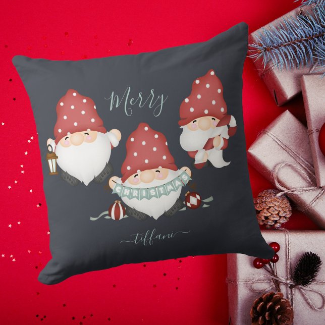 Cute Santa Gnomes Merry Christmas Custom Navy Throw Pillow (Creator Uploaded)