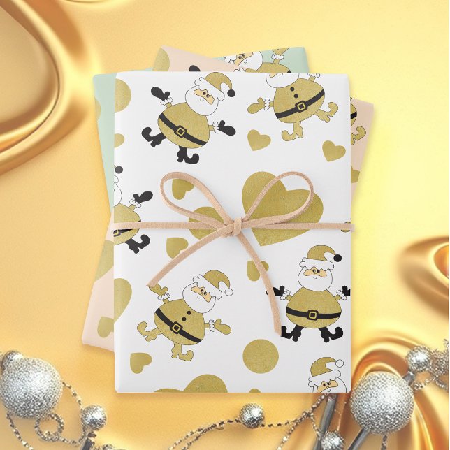 Cute Santa Gold Hearts  Wrapping Paper Sheets (Creator Uploaded)