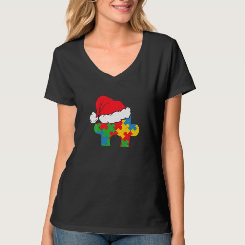 Cute Santa Hat Autism Christmas Puzzle Autistic Xm T_Shirt