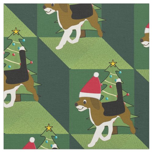 Cute Santa Hat Beagle on Green Cubes Fabric