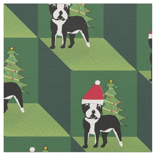 Cute Santa Hat Boston Terrier on Green Cubes Fabric