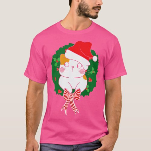 Cute Santa Hat Cat Christmas Wreath Xmas Gift T_Shirt