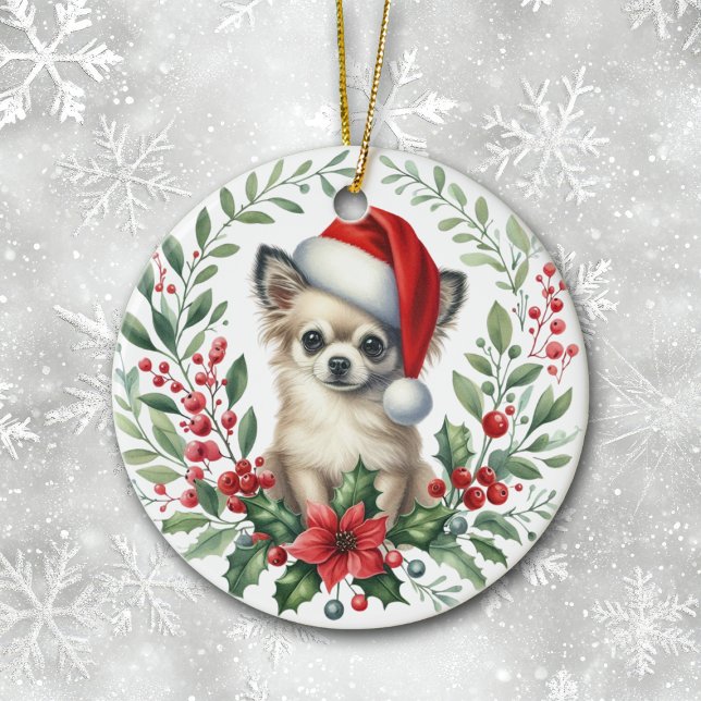 Cute Santa Hat Chihuahua Watercolor Wreath Ceramic Ornament (Creator Uploaded)