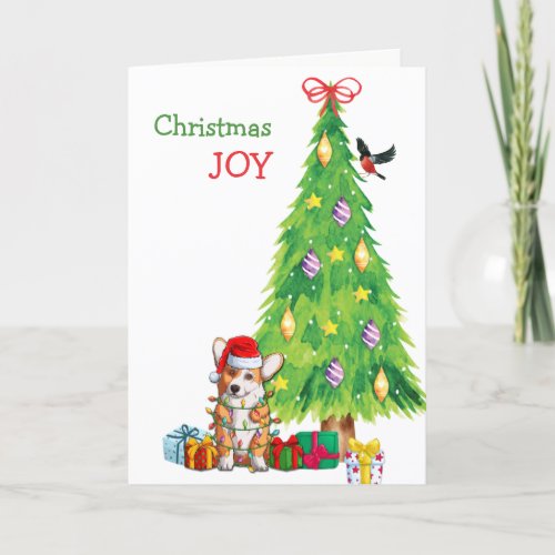 Cute Santa Hat Corgi Dog and Tree Christmas Holiday Card