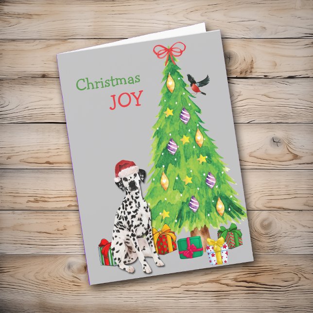 Cute Santa Hat Dalmatian Dog and Christmas Tree Holiday Card (Creator Uploaded)