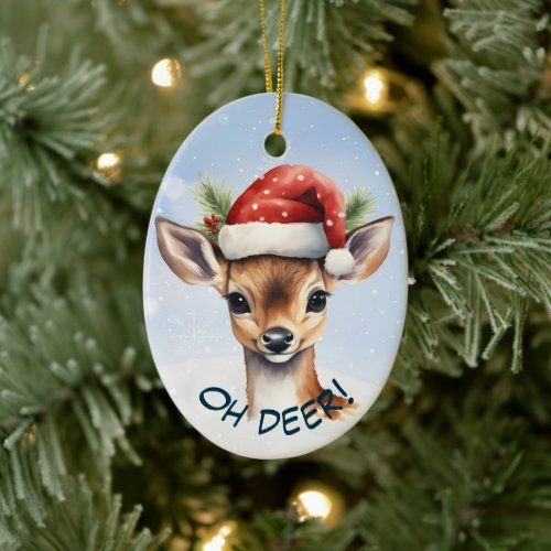 Cute Santa Hat Deer Fawn Kids Ceramic Ornament