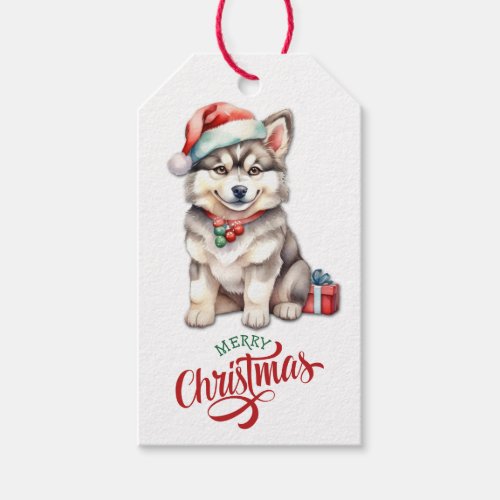 Cute Santa Hat Husky Puppy Christmas  Gift Tags