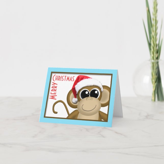 Cute Santa Hat Monkey Aqua "Merry Christmas" Card (Front)