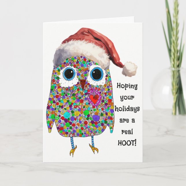 Cute Santa Hat Owl Christmas Holiday Greeting Card (Front)