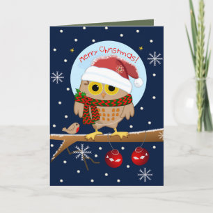 Cute Santa hat Owl & custom text Holiday Card