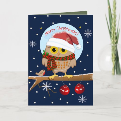 Cute Santa hat Owl  custom text Holiday Card