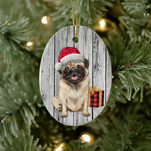 Cute Santa Hat Pug Dog on Wood Background Ceramic Ornament