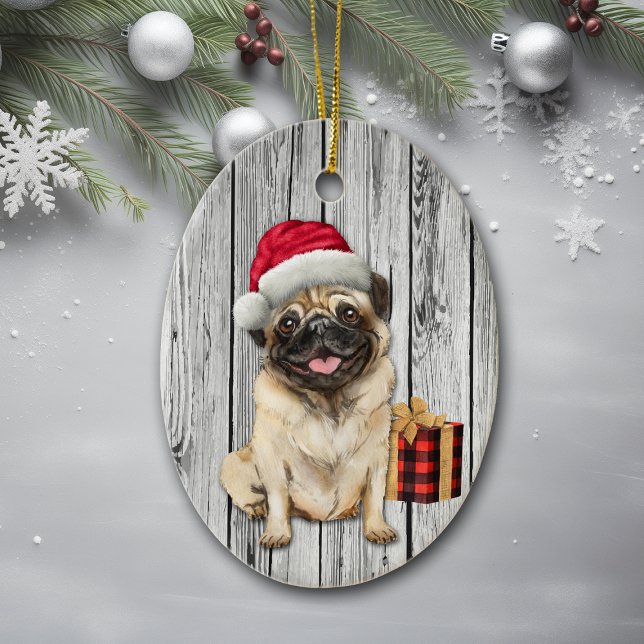 Cute Santa Hat Pug Dog on Wood Background Ceramic Ornament (Creator Uploaded)